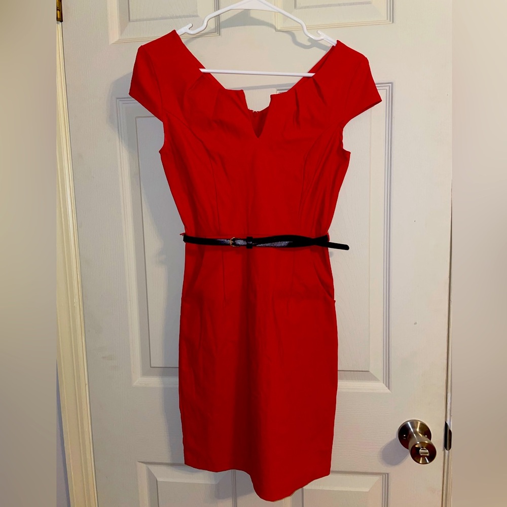 Red Fitted Dress with Black Belt